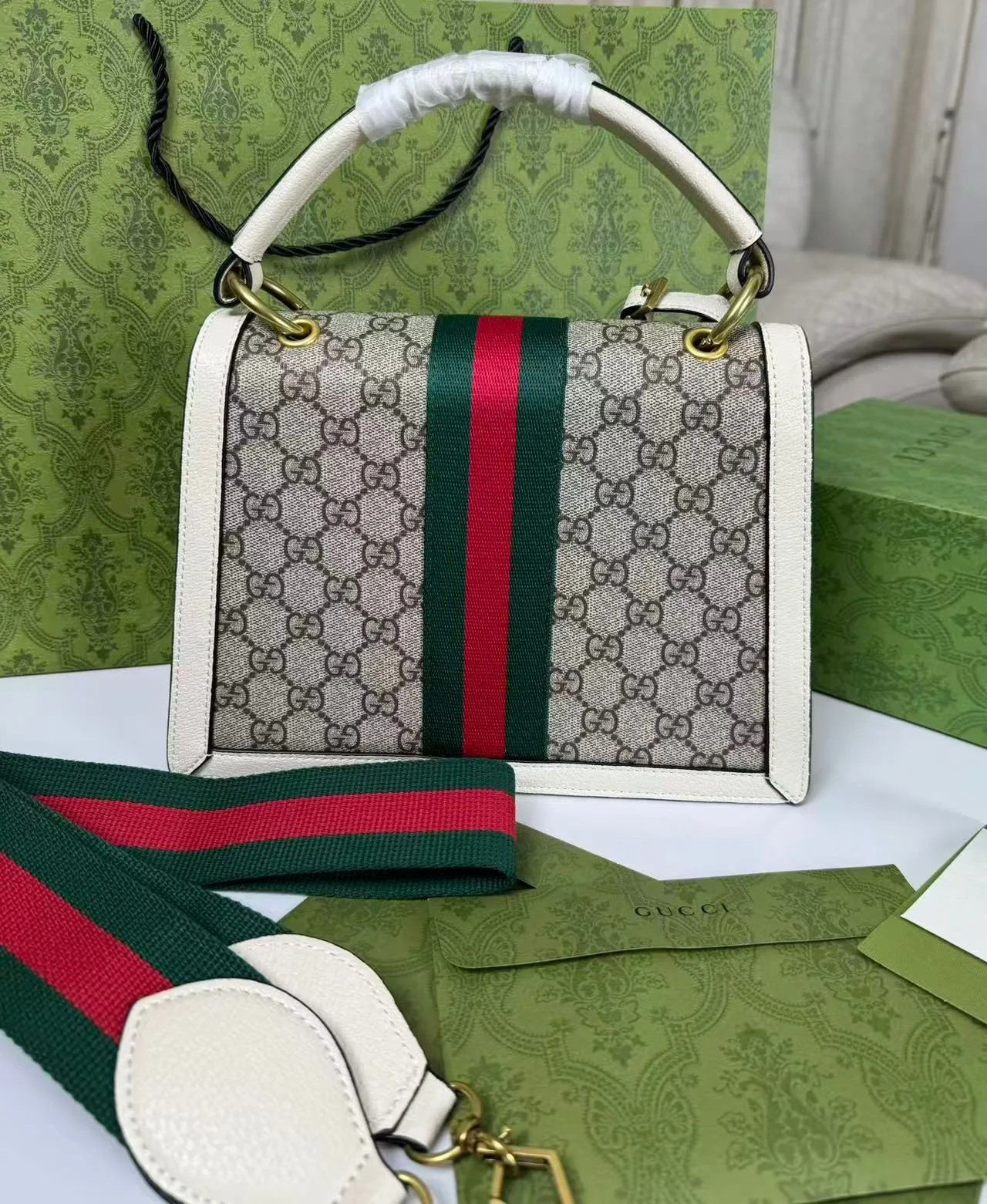Gucci Queen Margaret GG Small Top Handle Bag / Beige And Ebony GG Supreme Canvas - Image 3