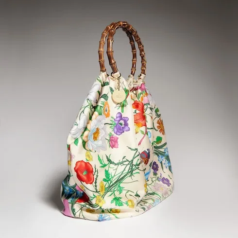 Gucci Silk Maxi With Bamboo Handle Tote Bag / White/ Multicolor Gold Hardware - Image 6