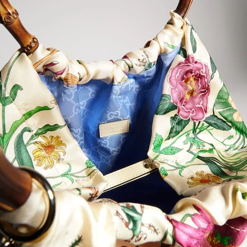 Gucci Silk Maxi With Bamboo Handle Tote Bag / White/ Multicolor Gold Hardware - Image 8