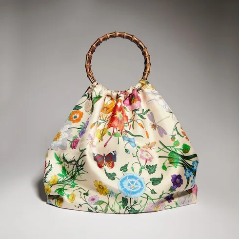 Gucci Silk Maxi With Bamboo Handle Tote Bag / White/ Multicolor Gold Hardware - Image 4