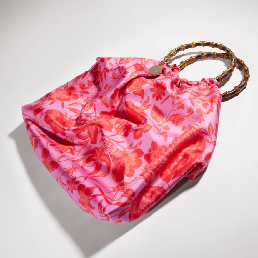 Gucci Silk Maxi With Bamboo Handle Tote Bag / Fuchsia/ Multicolor Gold Hardware - Image 6