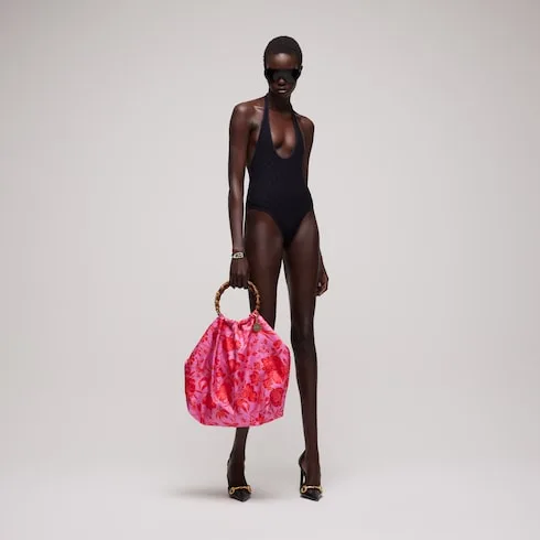 Alternative view of Gucci Silk Maxi With Bamboo Handle Tote Bag / Fuchsia/ Multicolor Gold Hardware