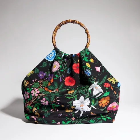 Gucci Silk Maxi With Bamboo Handle Tote Bag / Black/ Multicolor Gold Hardware - Image 4