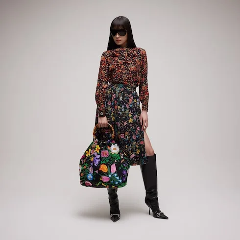 Alternative view of Gucci Silk Maxi With Bamboo Handle Tote Bag / Black/ Multicolor Gold Hardware