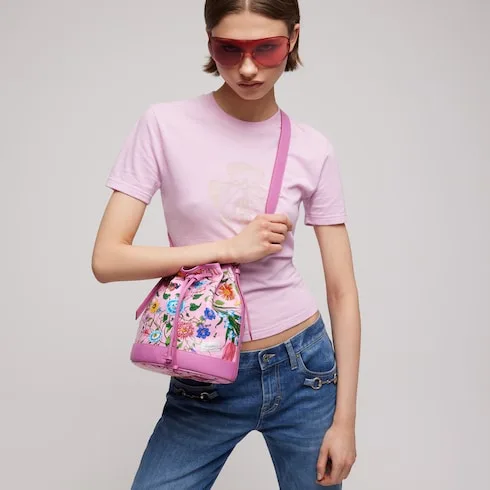 Gucci Venice Small Bucket Bag / Pink/ Multicolor Gucci Flora Coated Canvas Palladium Hardware - Image 2