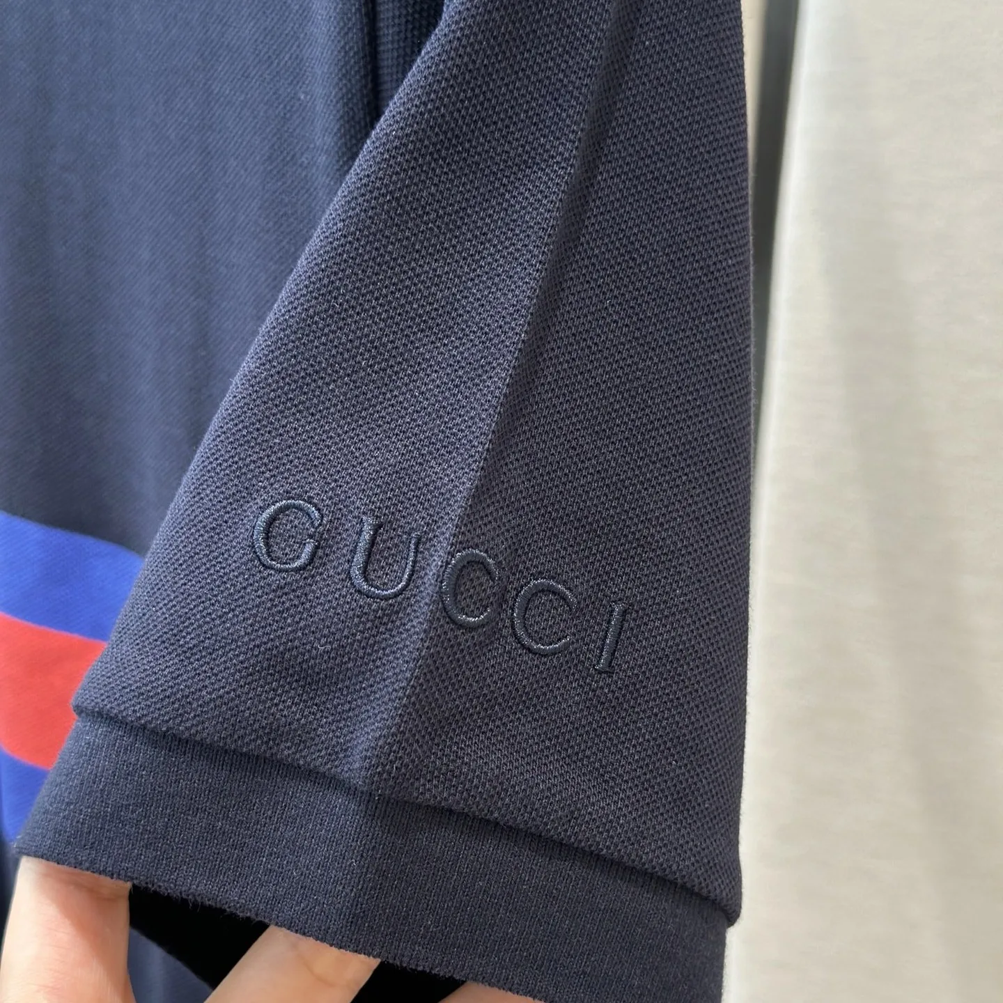 Gucci Web Stripe Pique Polo Shirt Navy Blue - Image 5