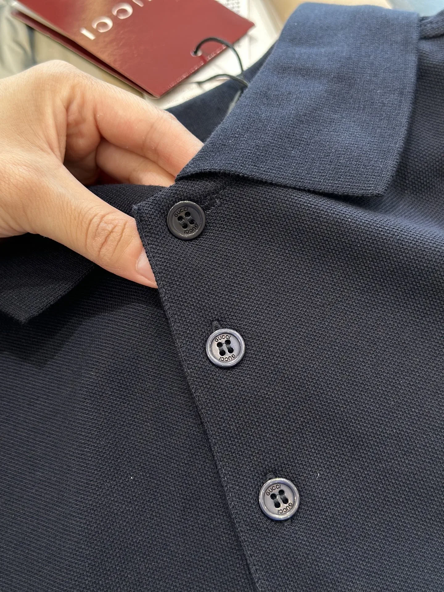 Gucci Web Stripe Pique Polo Shirt Navy Blue - Image 7