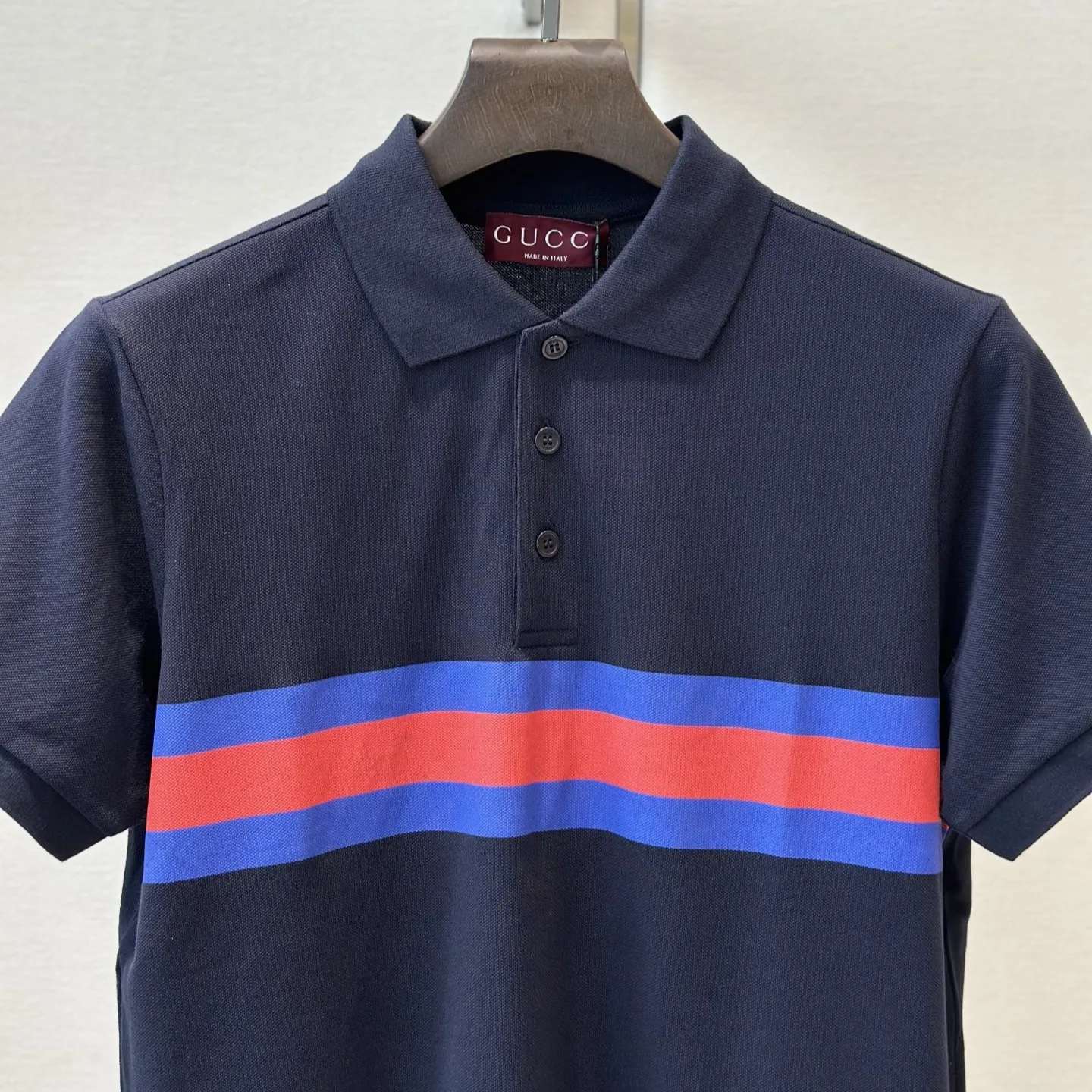 Gucci Web Stripe Pique Polo Shirt Navy Blue - Image 4