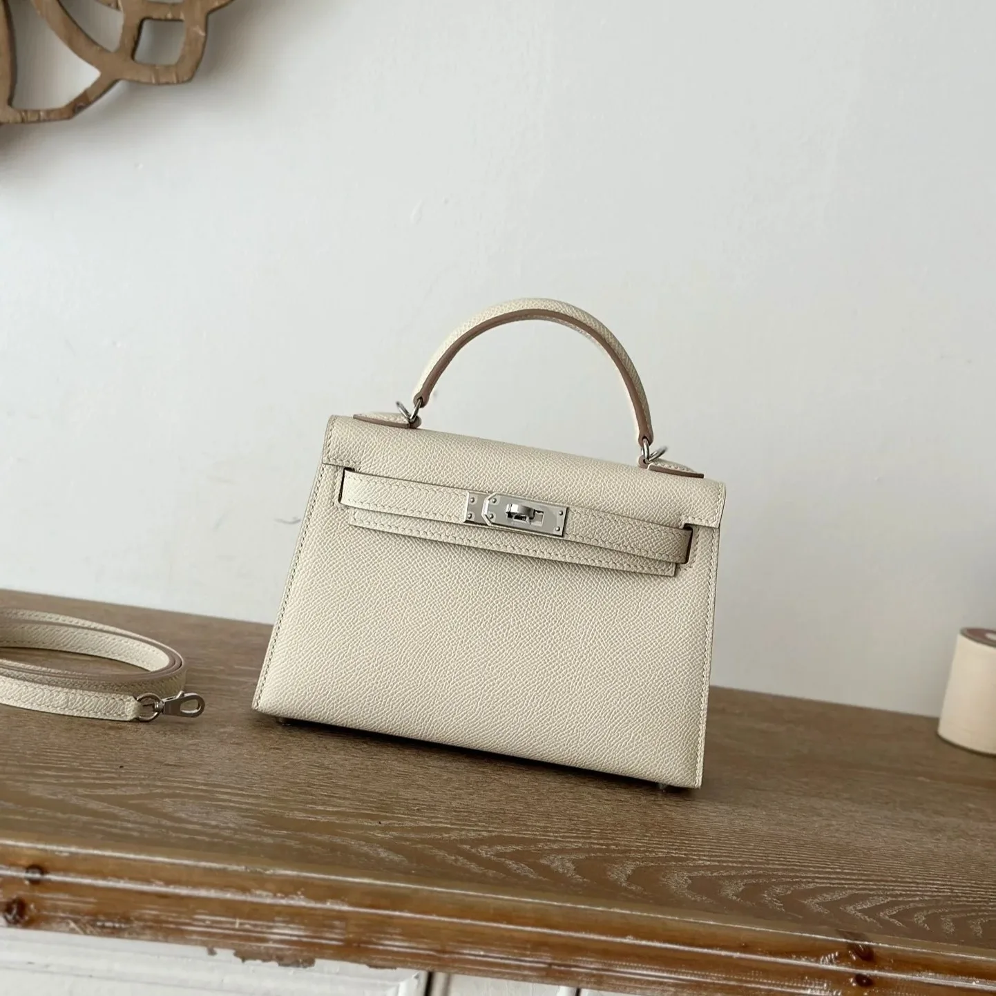 Hermes Kelly Mini Top Handle Bag / Craie Epsom Palladium Hardware - Image 2