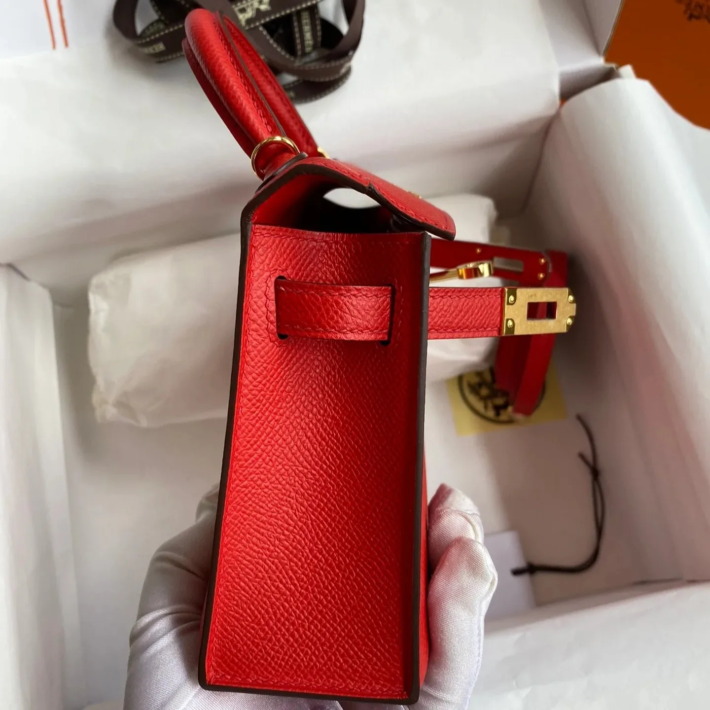 Hermes Kelly Mini Top Handle Bag / Rouge Epsom Gold Hardware - Image 8