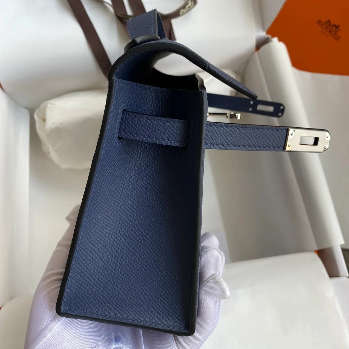 Hermes Kelly Pochette Top Handle Bag / Navy Epsom Palladium Hardware - Image 5
