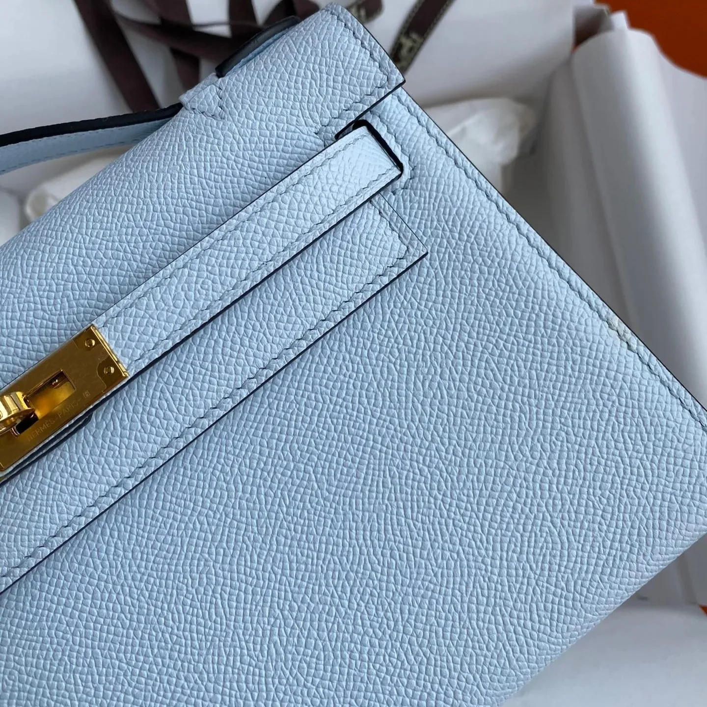 Hermes Kelly Pochette Top Handle Bag / Sky Blue Epsom Gold Hardware - Image 7
