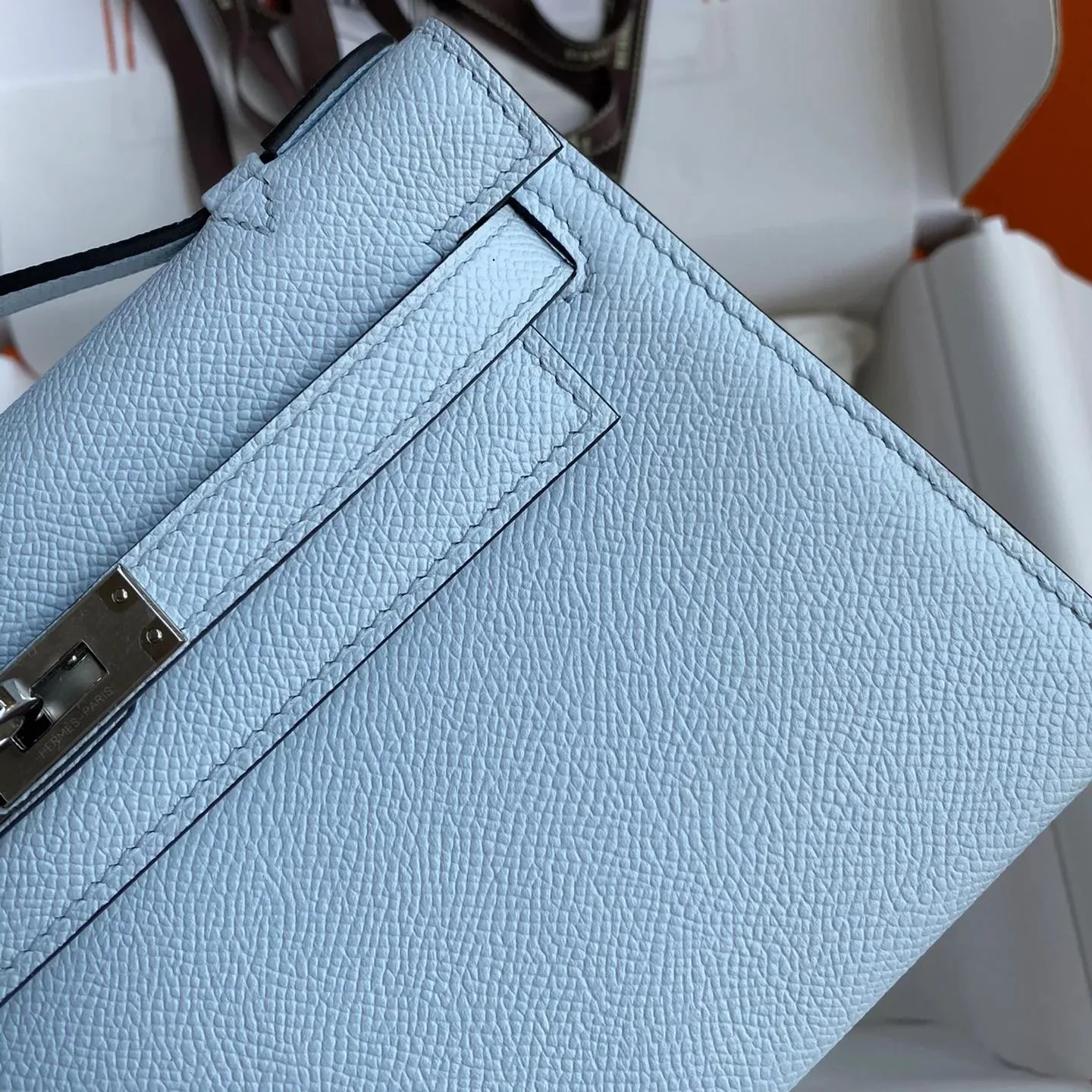 Hermes Kelly Pochette Top Handle Bag / Sky Blue Epsom Palladium Hardware - Image 8