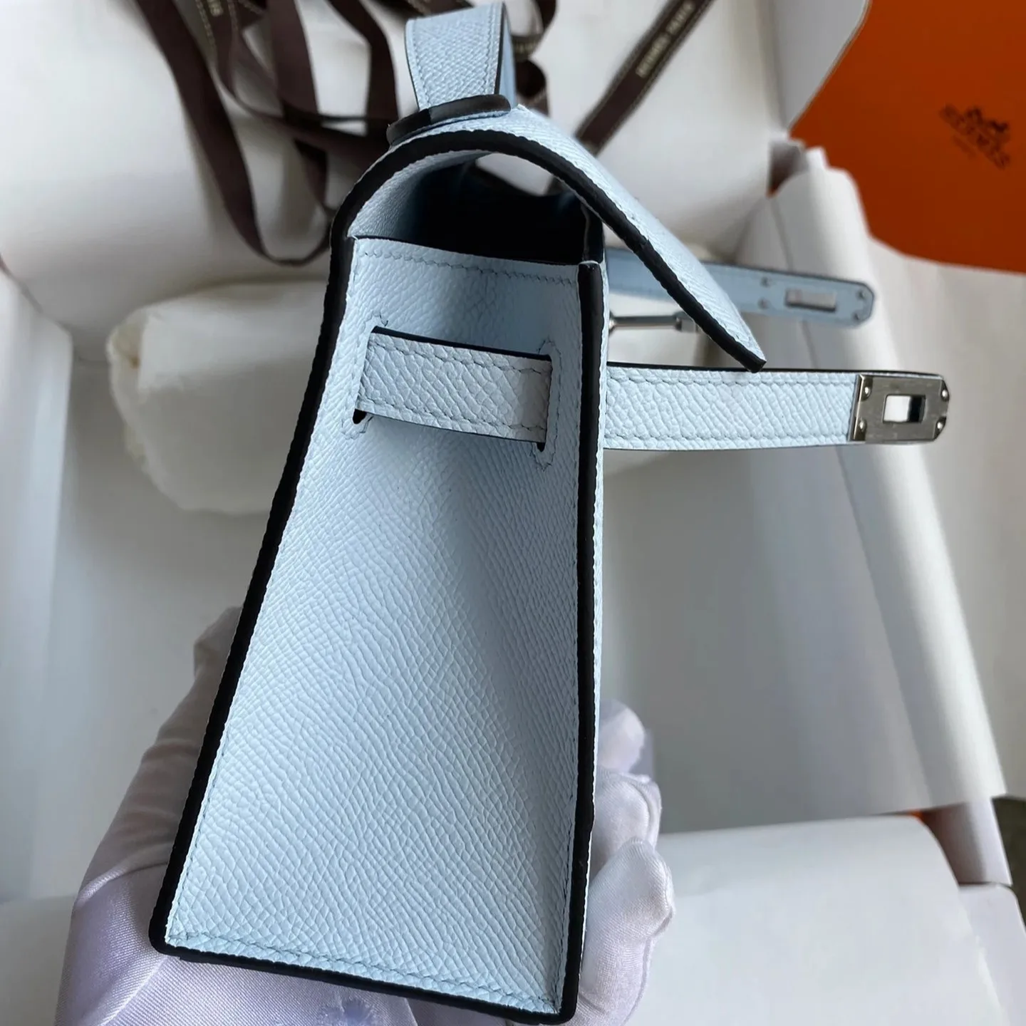 Hermes Kelly Pochette Top Handle Bag / Sky Blue Epsom Palladium Hardware - Image 4