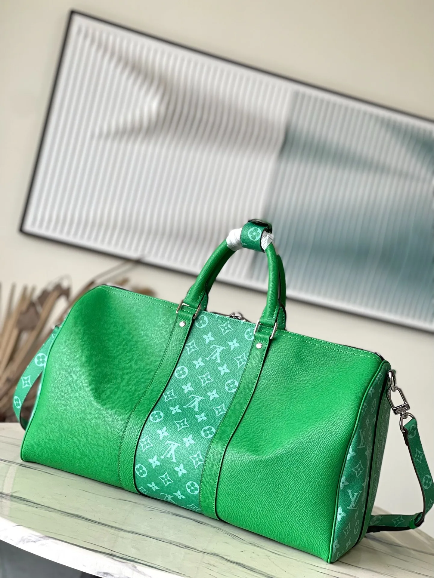 Louis Vuitton Keepall Bandouliere 45 Travel Bag / Green Silver Hardware - Image 4