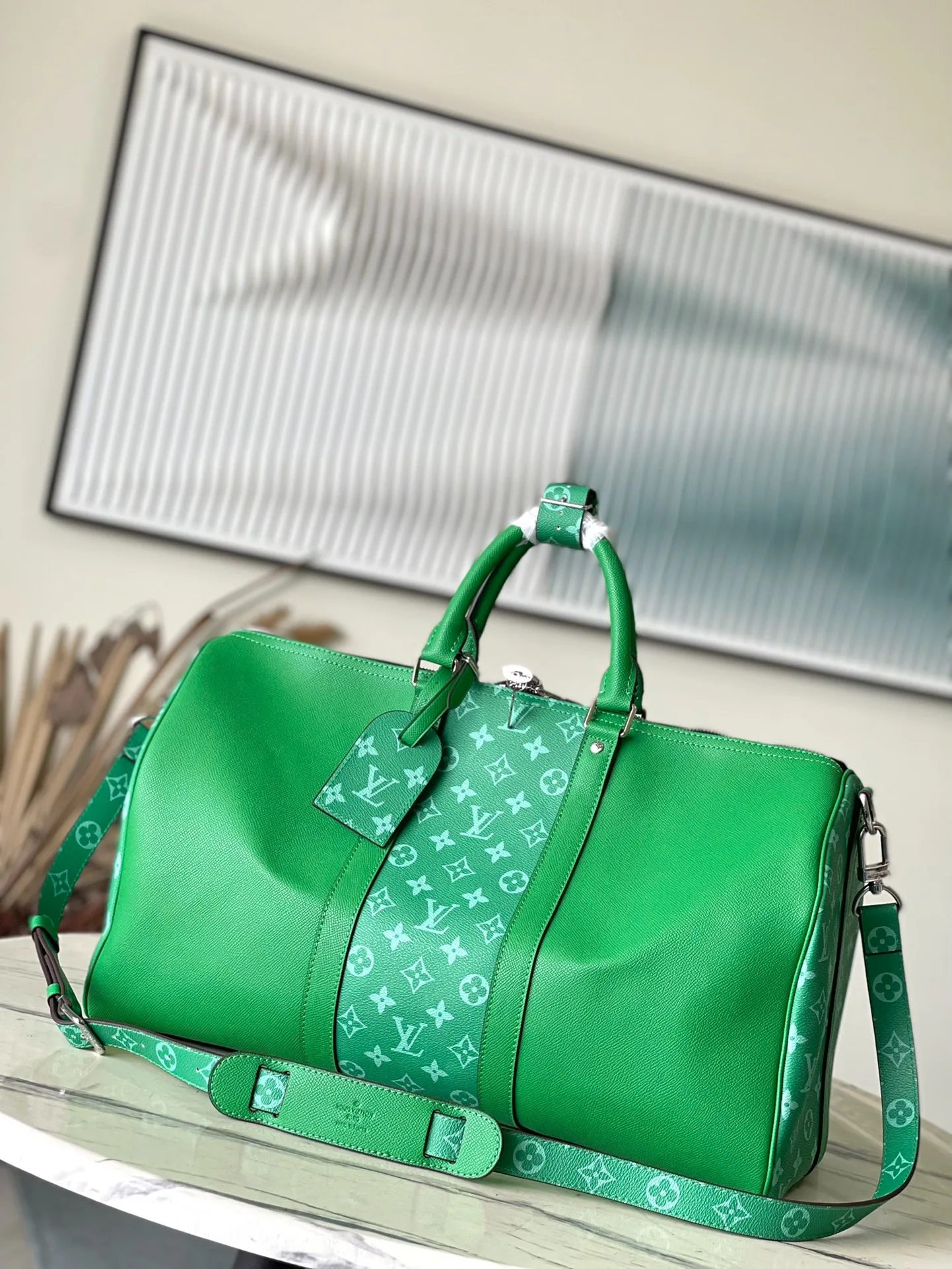 Louis Vuitton Keepall Bandouliere 45 Travel Bag / Green Silver Hardware - Image 5