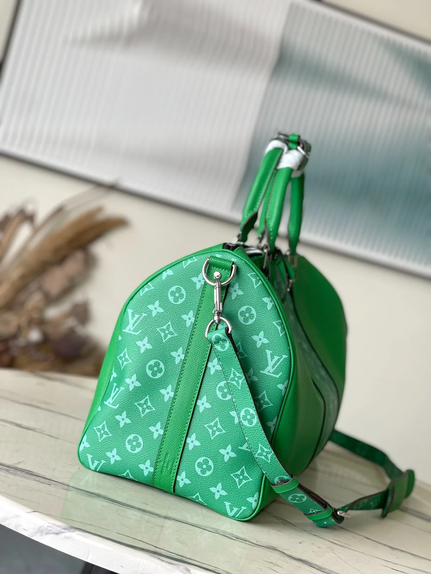 Louis Vuitton Keepall Bandouliere 45 Travel Bag / Green Silver Hardware - Image 6