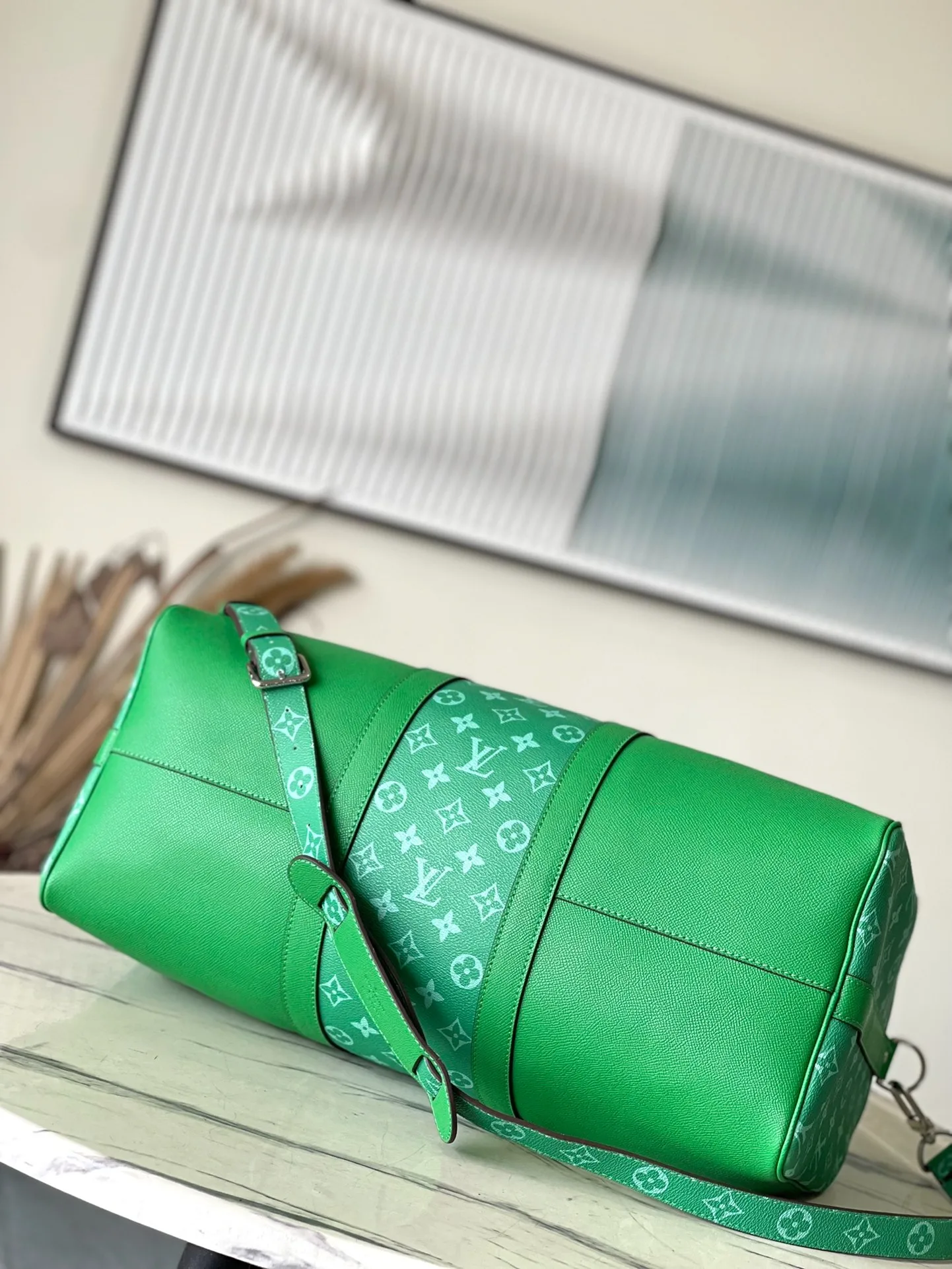 Louis Vuitton Keepall Bandouliere 45 Travel Bag / Green Silver Hardware - Image 7