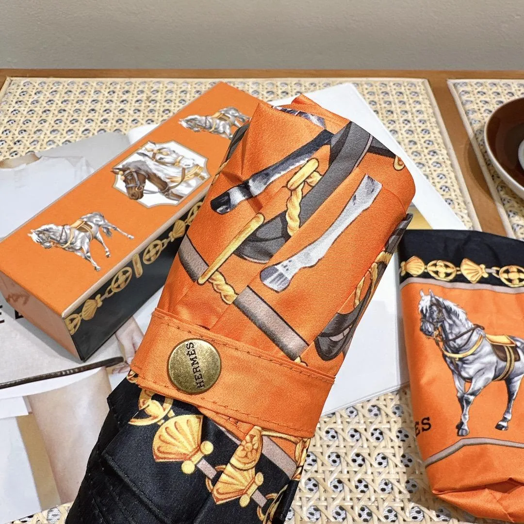 Hermes Long Umbrella With Horse Motif Orange - Image 6