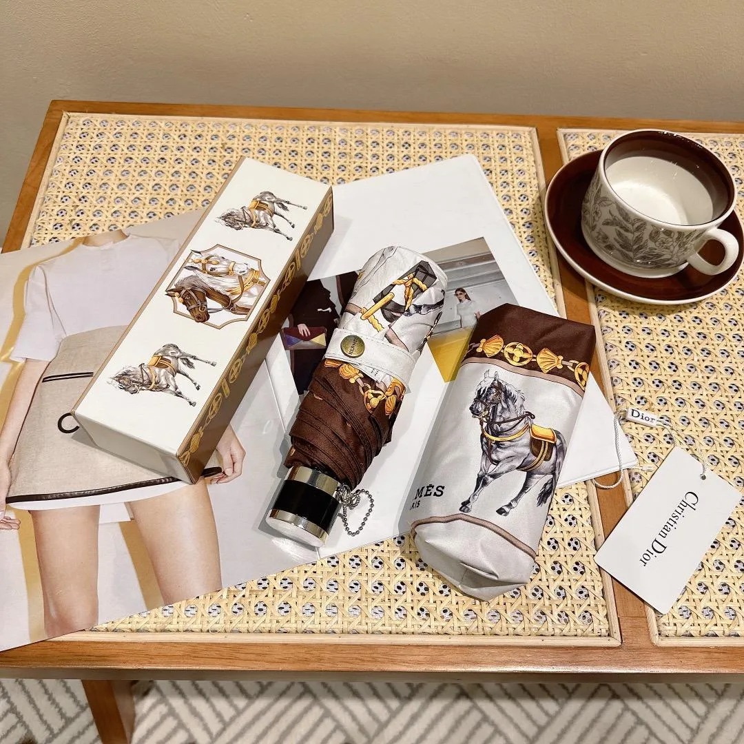 Hermes Long Umbrella With Horse Motif White - Image 7