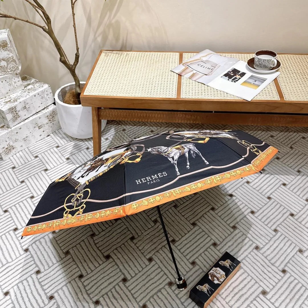 Hermes Long Umbrella With Horse Motif Black - Image 6