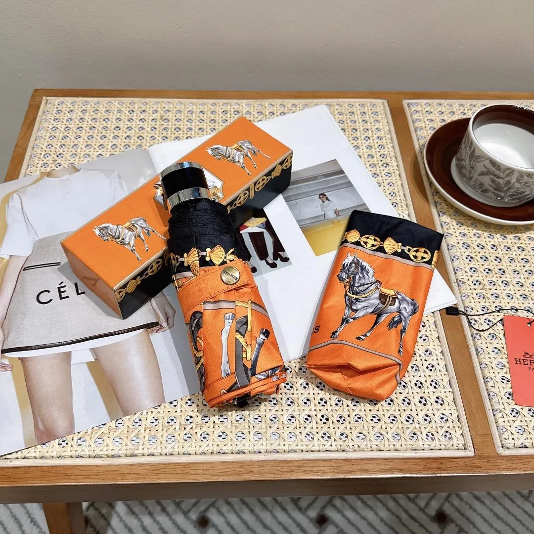 Hermes Long Umbrella With Horse Motif Orange - Image 4