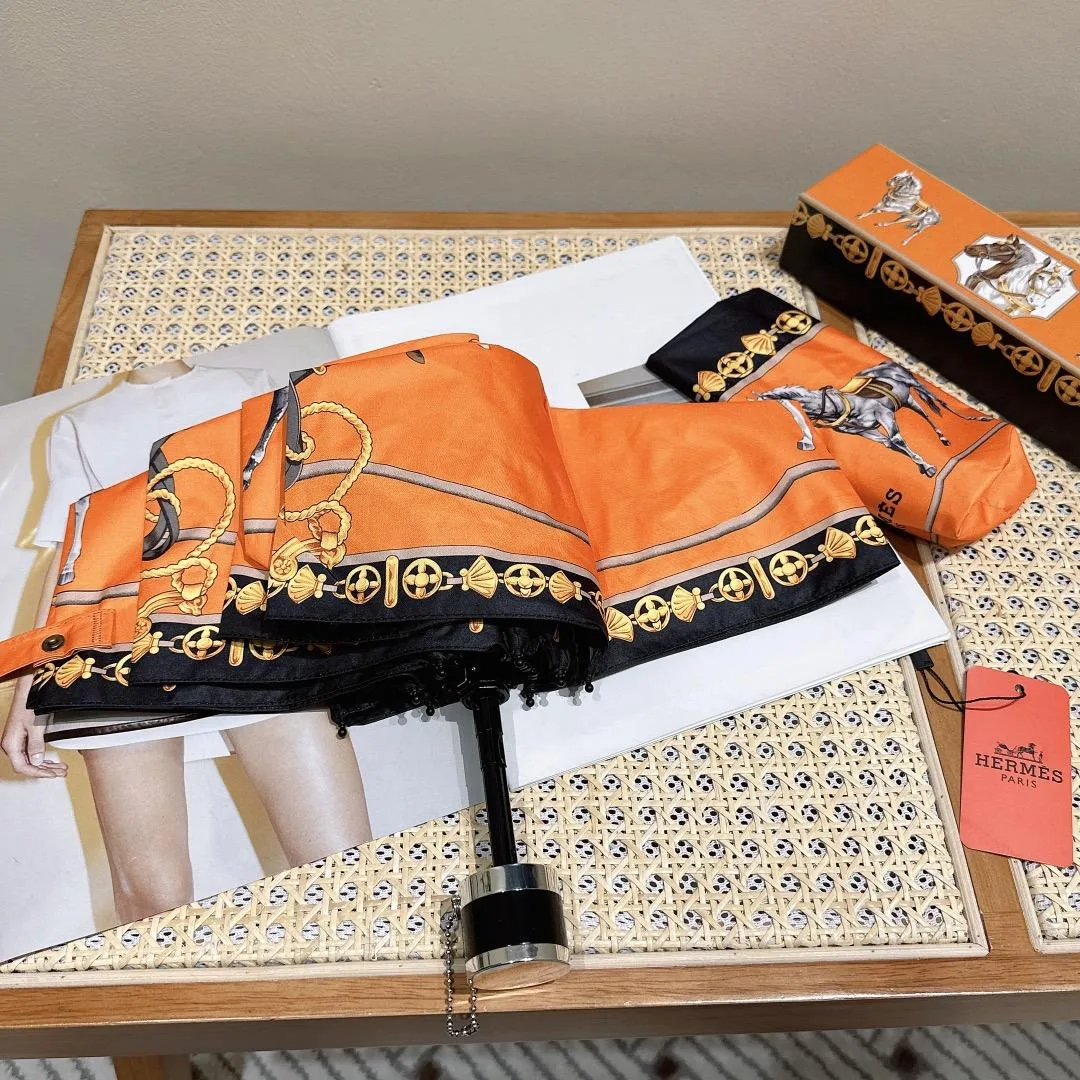 Hermes Long Umbrella With Horse Motif Orange - Image 9