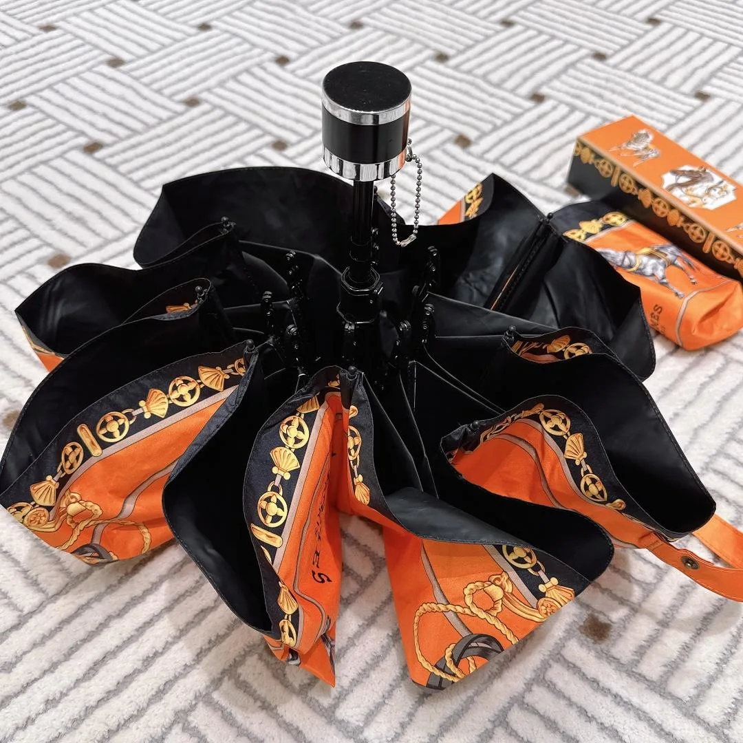 Hermes Long Umbrella With Horse Motif Orange - Image 8