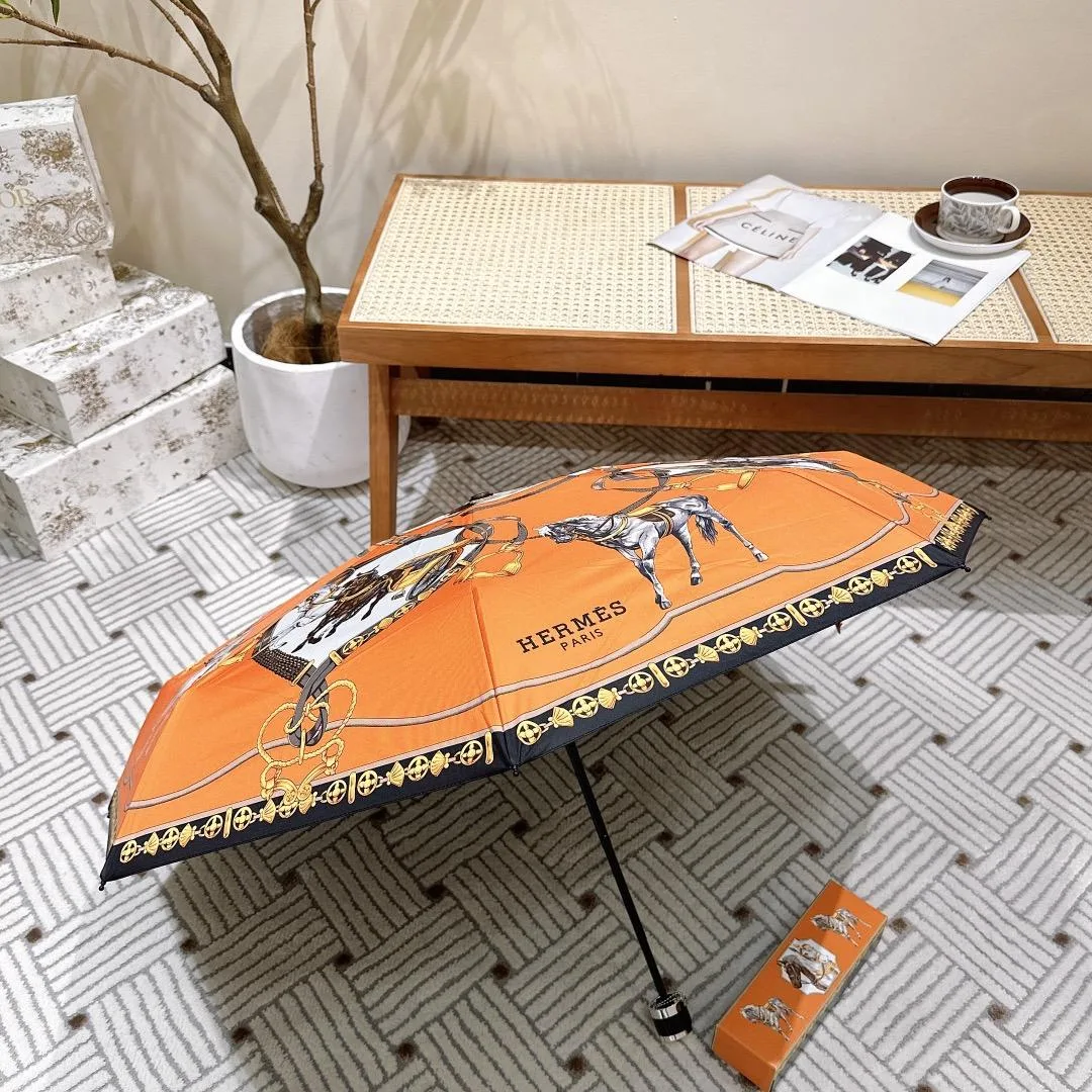 Hermes Long Umbrella With Horse Motif Orange - Image 3