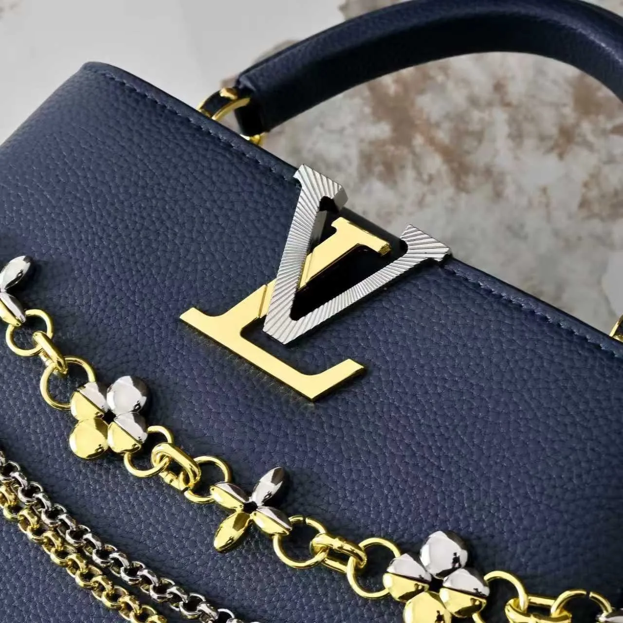 Louis Vuitton Capucines BB Top Handle Bag / Navy Blue Silver/ Gold Hardware - Image 7