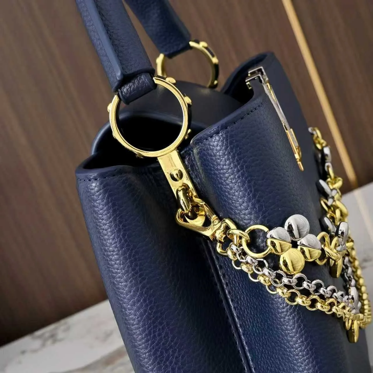 Louis Vuitton Capucines BB Top Handle Bag / Navy Blue Silver/ Gold Hardware - Image 8