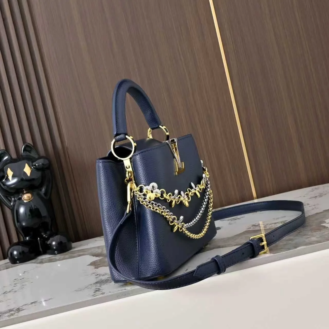 Louis Vuitton Capucines BB Top Handle Bag / Navy Blue Silver/ Gold Hardware - Image 4