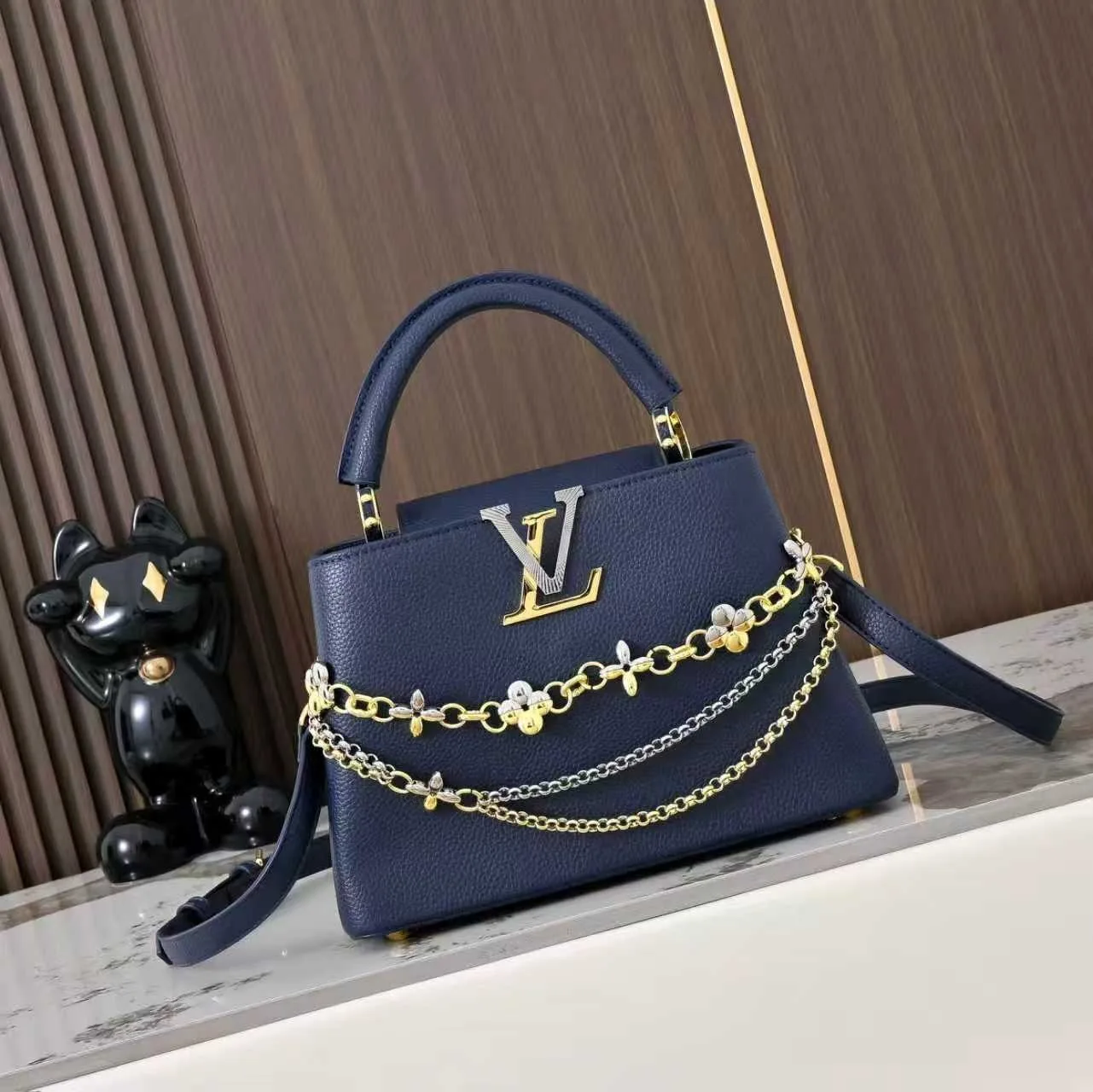 Louis Vuitton Capucines BB Top Handle Bag / Navy Blue Silver/ Gold Hardware - Image 3