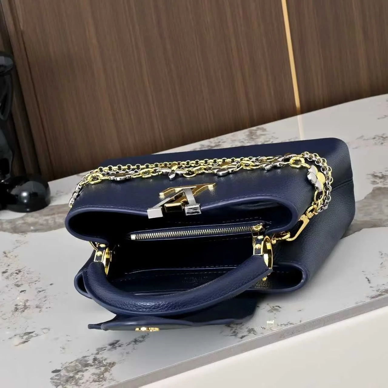 Louis Vuitton Capucines BB Top Handle Bag / Navy Blue Silver/ Gold Hardware - Image 9