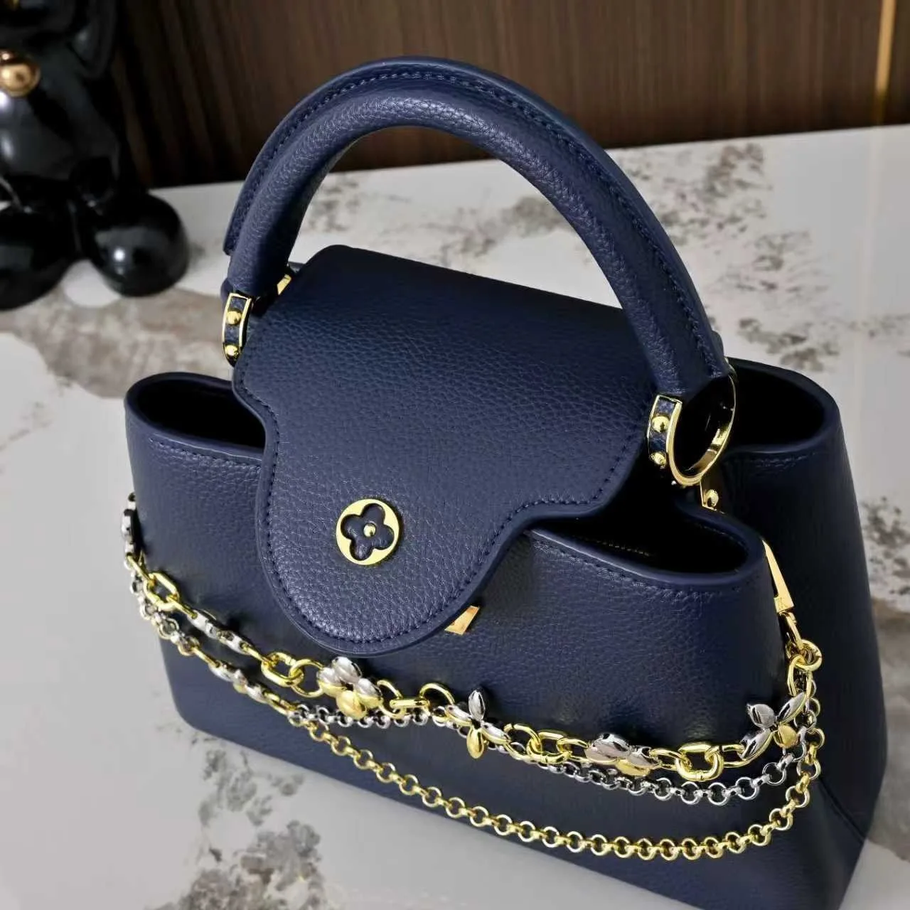 Louis Vuitton Capucines BB Top Handle Bag / Navy Blue Silver/ Gold Hardware - Image 10