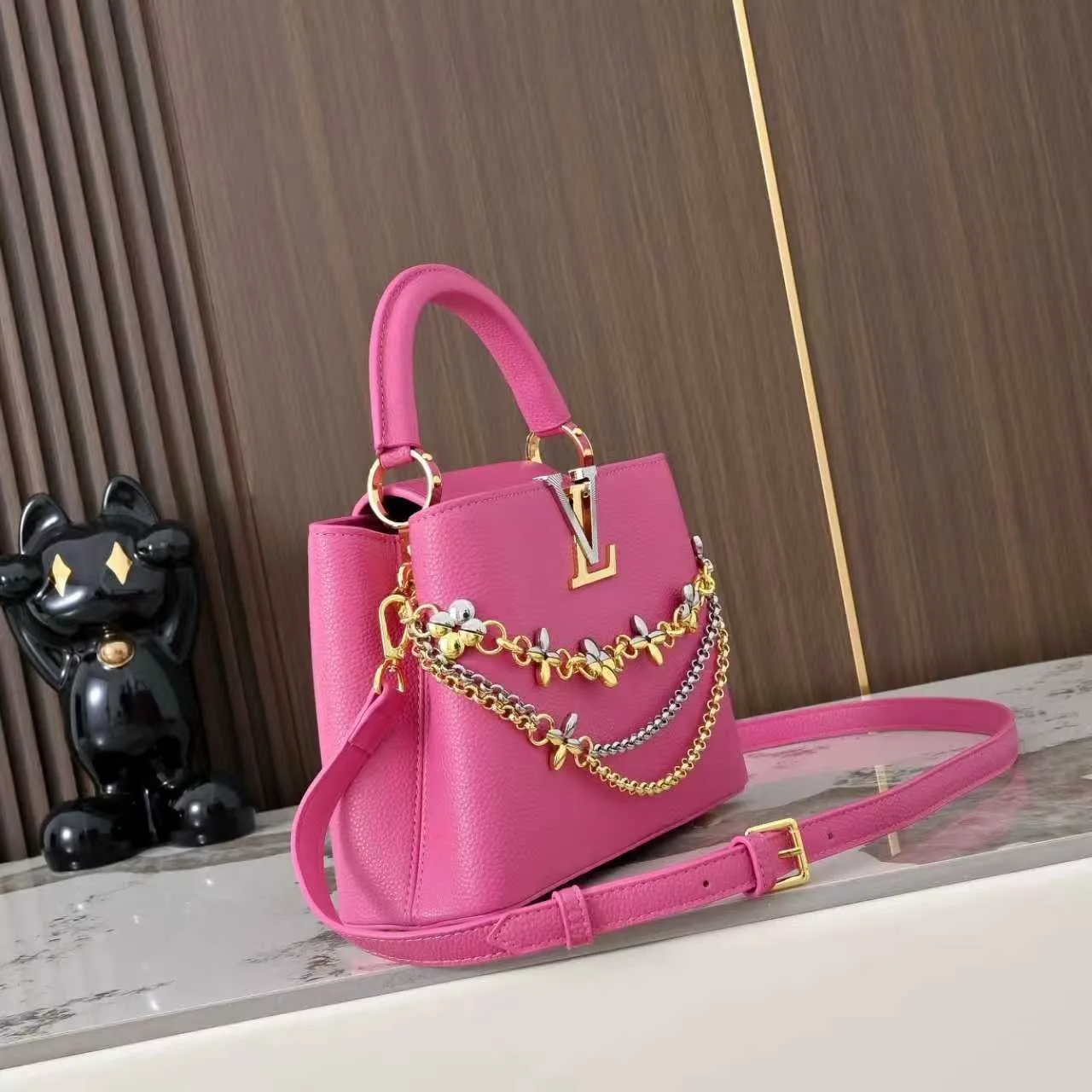 Louis Vuitton Capucines BB Top Handle Bag / Raspberry Silver/ Gold Hardware - Image 3