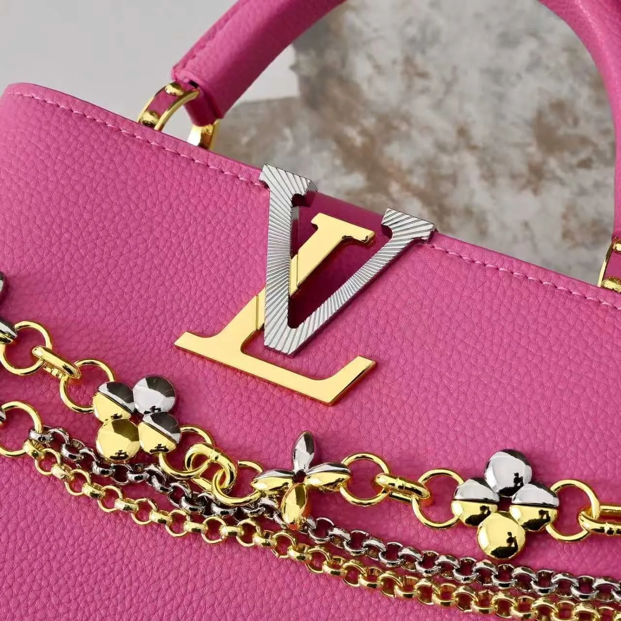 Louis Vuitton Capucines BB Top Handle Bag / Raspberry Silver/ Gold Hardware - Image 7