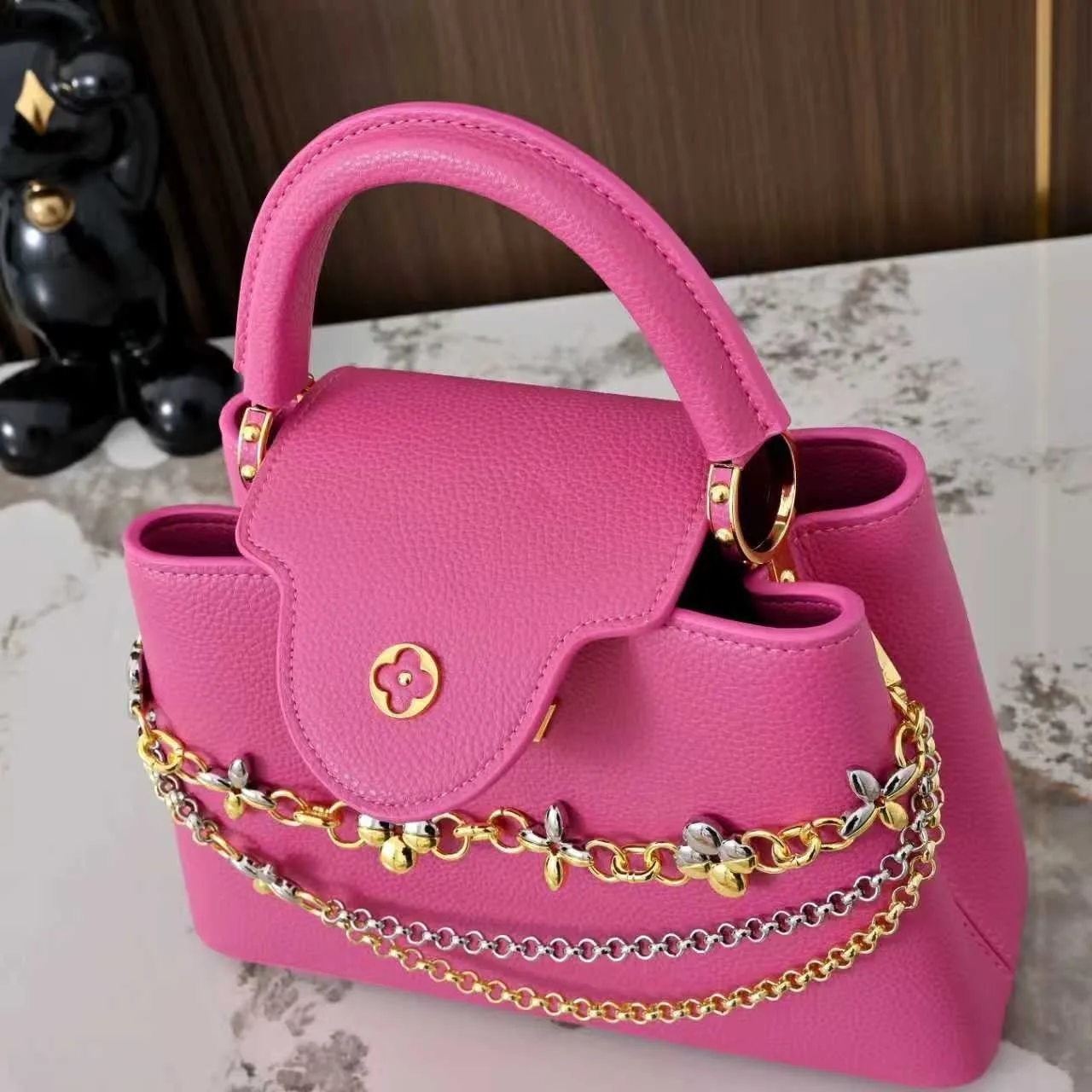 Louis Vuitton Capucines BB Top Handle Bag / Raspberry Silver/ Gold Hardware - Image 5