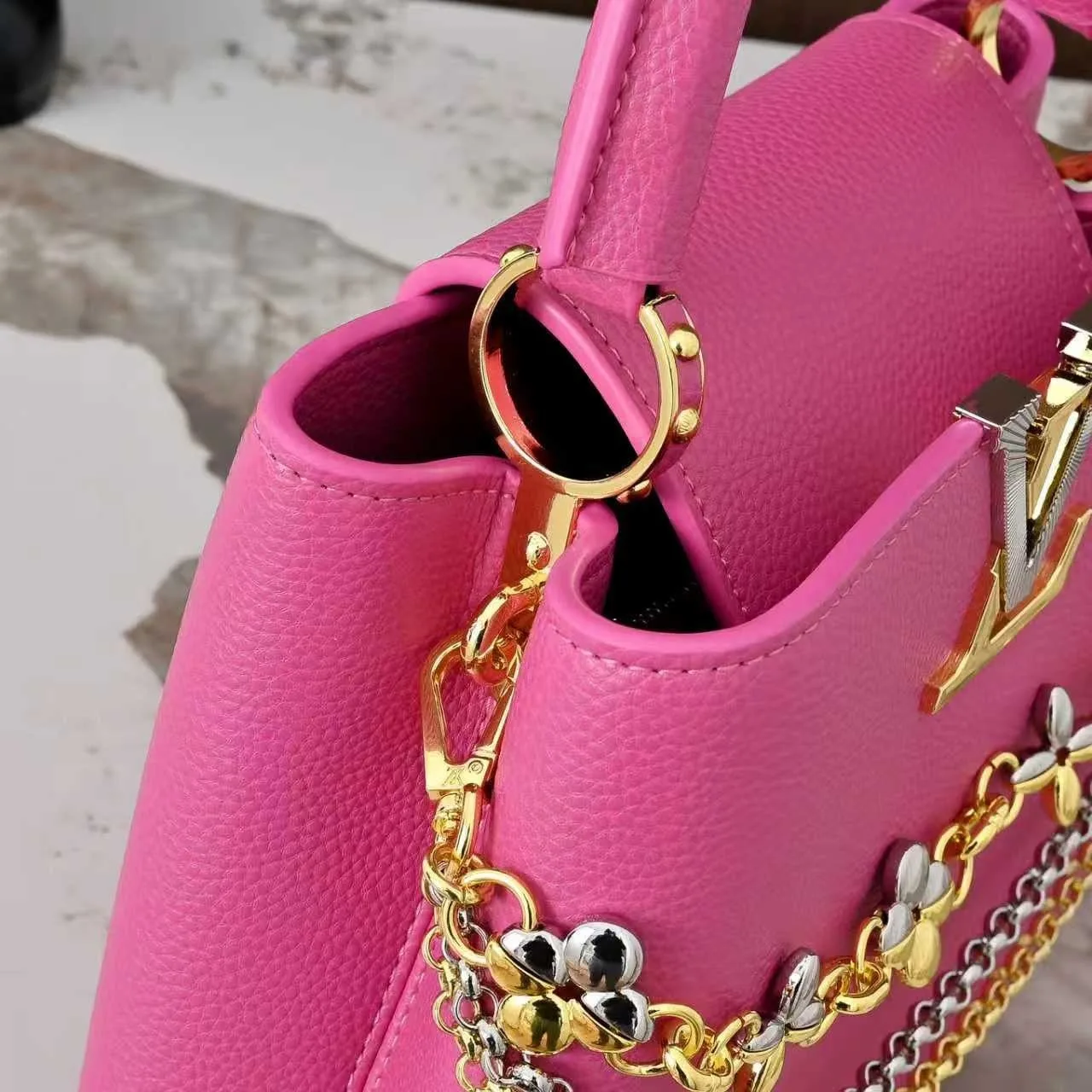 Louis Vuitton Capucines BB Top Handle Bag / Raspberry Silver/ Gold Hardware - Image 8