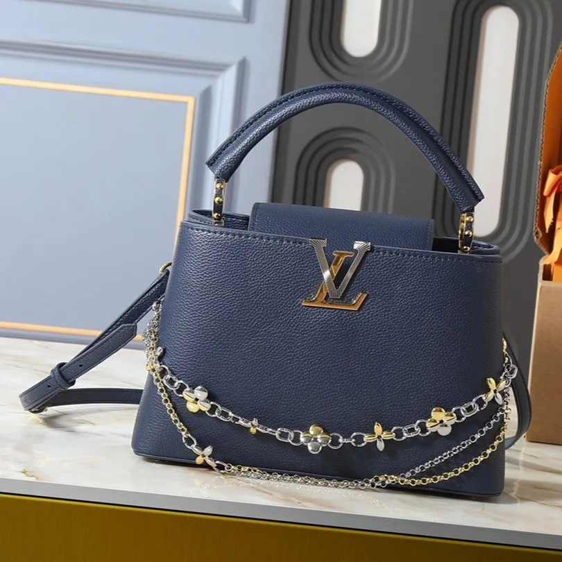 Louis Vuitton Capucines MM Top Handle Bag / Navy Blue Silver/ Gold Hardware - Image 2