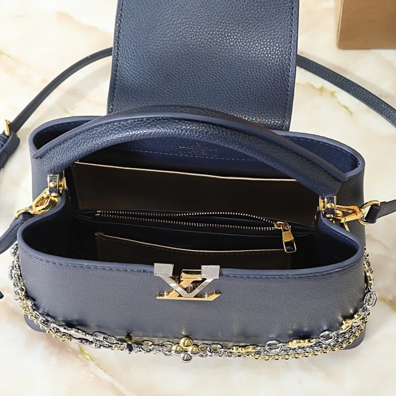 Louis Vuitton Capucines MM Top Handle Bag / Navy Blue Silver/ Gold Hardware - Image 6