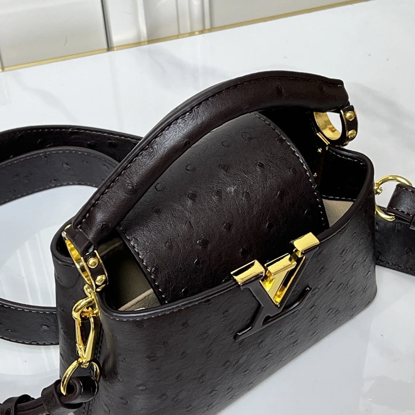 Louis Vuitton Capucines Mini Top Handle Bag / Dark Brown Gold Hardware - Image 6