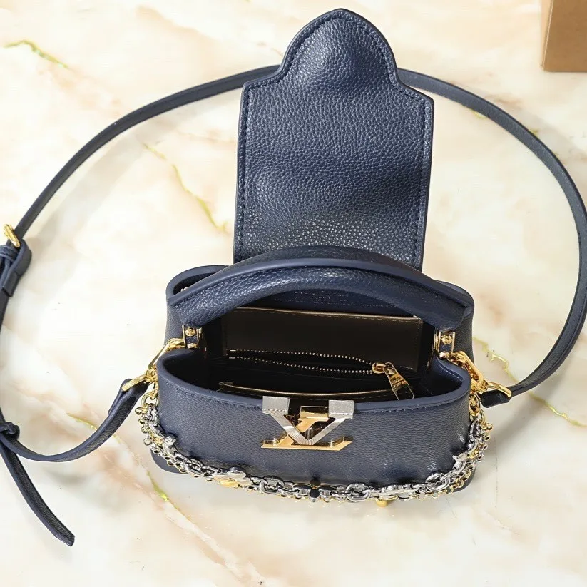 Louis Vuitton Capucines Mini Top Handle Bag / Navy Blue Silver/ Gold Hardware - Image 4