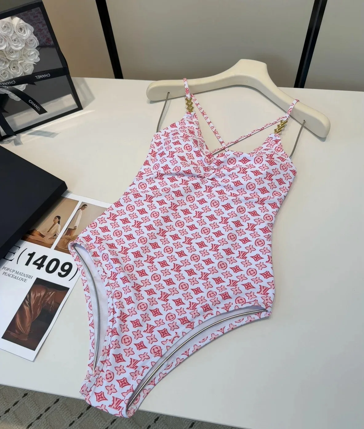 Alternative view of Louis Vuitton Chain Ruched One-Piece Swimsuit Pink/ Red Monogram