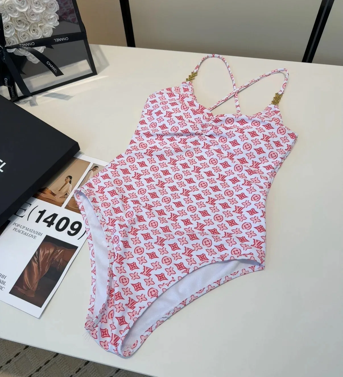 Louis Vuitton Chain Ruched One-Piece Swimsuit Pink/ Red Monogram - Image 3