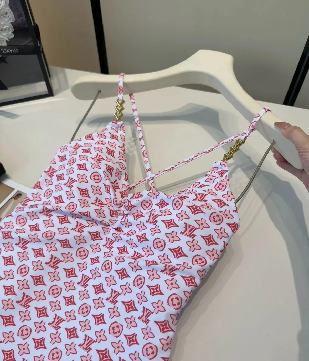 Louis Vuitton Chain Ruched One-Piece Swimsuit Pink/ Red Monogram - Image 5