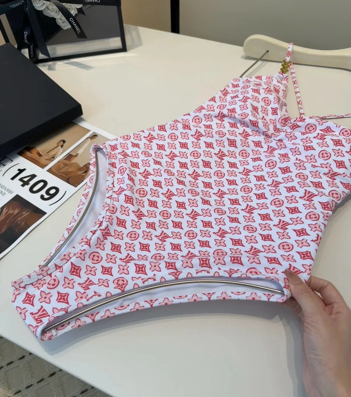 Louis Vuitton Chain Ruched One-Piece Swimsuit Pink/ Red Monogram - Image 7