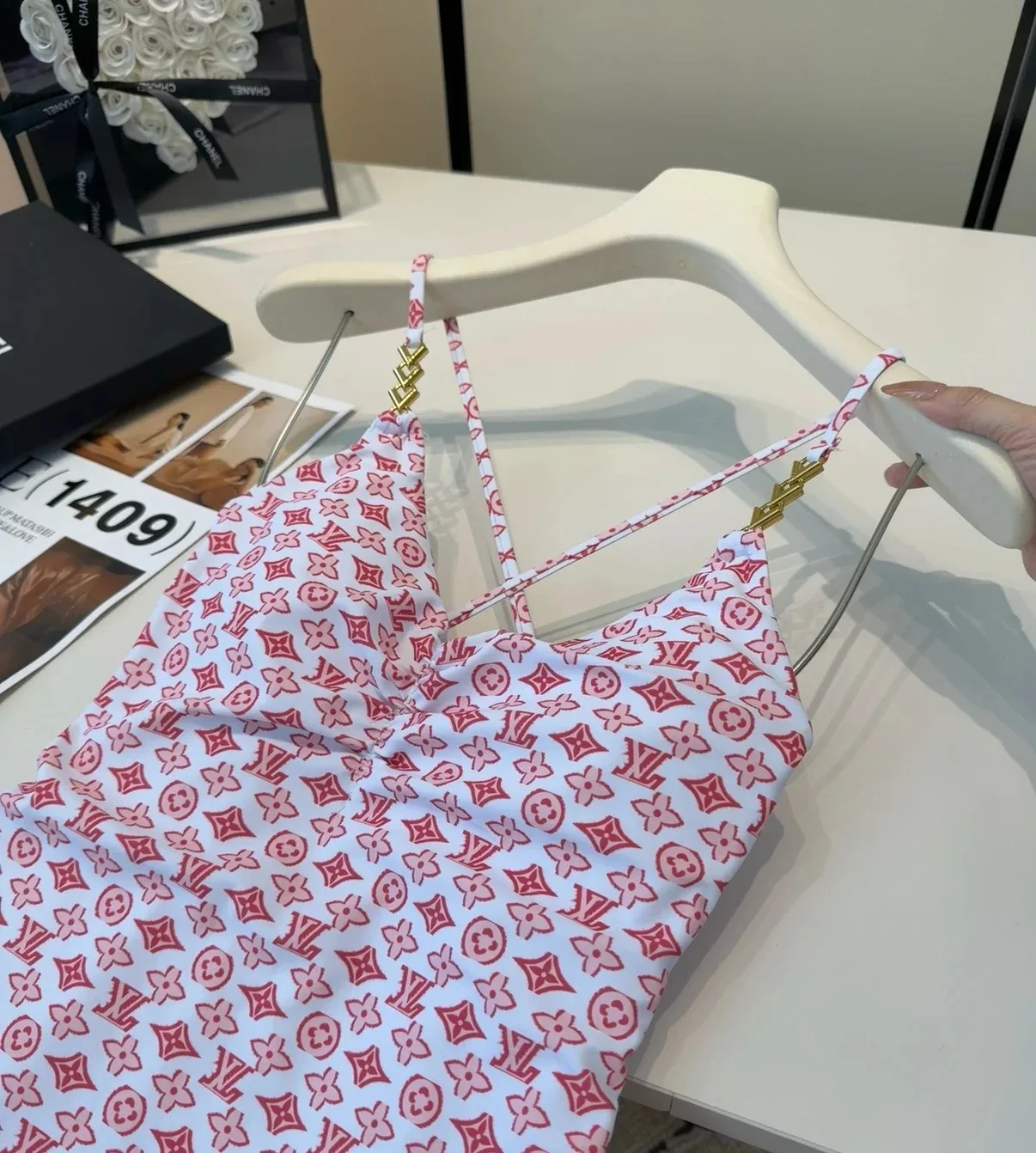 Louis Vuitton Chain Ruched One-Piece Swimsuit Pink/ Red Monogram - Image 8