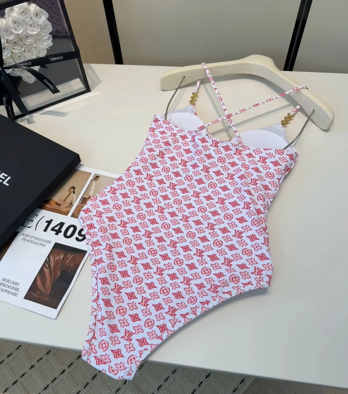 Louis Vuitton Chain Ruched One-Piece Swimsuit Pink/ Red Monogram - Image 4