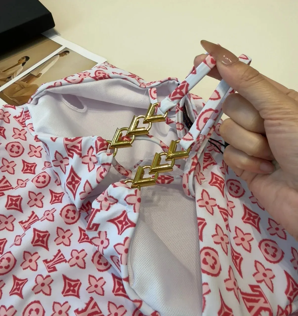 Louis Vuitton Chain Ruched One-Piece Swimsuit Pink/ Red Monogram - Image 9